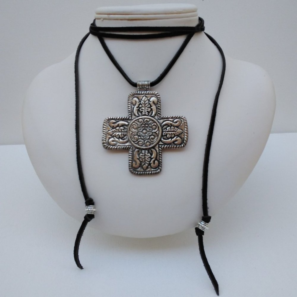 Swiss Cross Pendant on Black Suede Wrap Choker